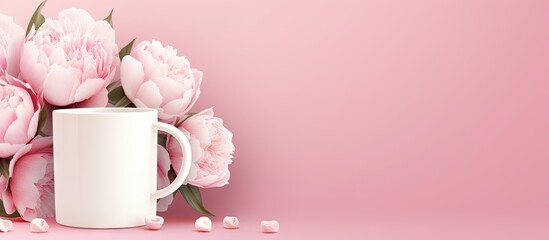 White coffee mug with white peonies on pink background perfect for personalization