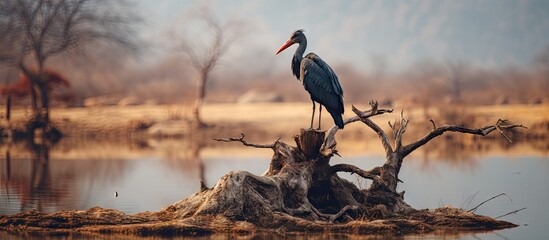 Winter migration of black stork Ciconia bird in Ranthambore National Park India © vxnaghiyev