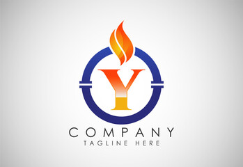 English alphabet Y with fire flame and pipe. Oil and gas industry logo design concept.