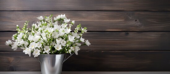 Wooden background with copy space and white flowers in metal pot