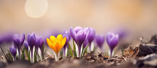 Zelfklevend Fotobehang Yellow dry grass with purple crocus in bloom © vxnaghiyev