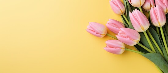 Yellow tulips on cork board with pink background