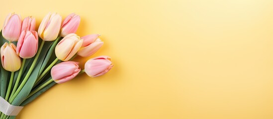 Yellow tulip flowers on note board with pink background Text space available