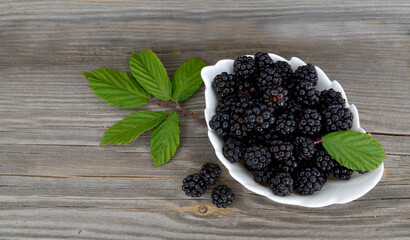 Freshly picked organic blackberries in a white bowl on a wooden background.Blackberry.Healthy eating,vegan food or diet concept.Selective focus.