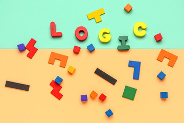 Word LOGIC with blocks and cubes on color background