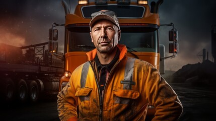 Fototapeta na wymiar high quality picture, Mining industry truck driver in hard hat on background cabin of his lorry, 16:9, copy space