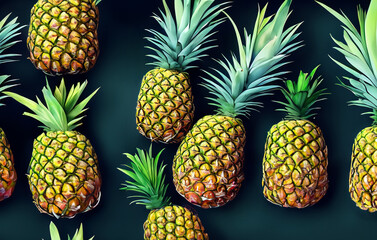 Group of pineapples placed on a green background.