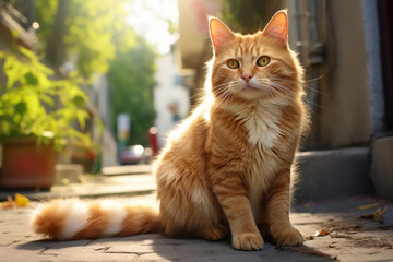 a big fluffy orange cat with white belly and paws, green eyes, sitting on the sidewalk and looking towards me, photorealistic, closeup, soft focus