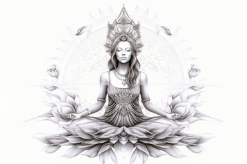 Fototapeta na wymiar B&L line art image of blossoming goddess in lotus position, meditating, showing an overlay of the 7 chakras in its respective position over her, on white background