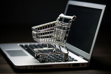 Online Shopping Concept with Cart on a Laptop Keyboard