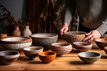 Artisan Arranging Handcrafted Ceramic Bowls on Wooden Table





