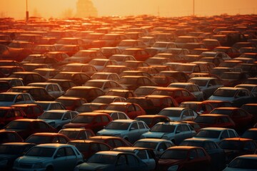 Endless Sea of Cars: Automobile Lot at Sunset - Urban Transportation Background