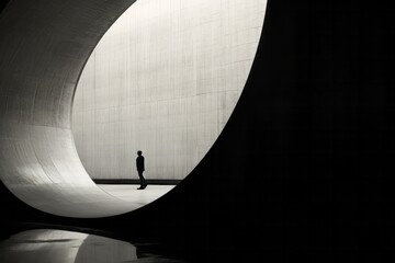 Silhouette of a Person Walking in a Modern Architectural Curve - Dramatic Contrast