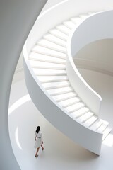 Modern Serenity: Woman Ascending a Spiral Staircase in a Bright White Space