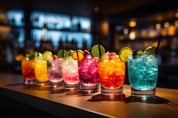 Alcohol cocktails in different colors on the bar. High quality photo - obrazy, fototapety, plakaty