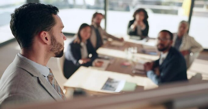Speaker, man and business people at presentation with board to explain plan or strategy. Corporate team and leader person speaking at meeting, training or workshop for coaching, feedback or proposal