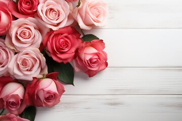Rose day composition on white wooden background with copy space