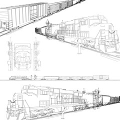 Modern Railway Train Blueprint Style Line Graphics