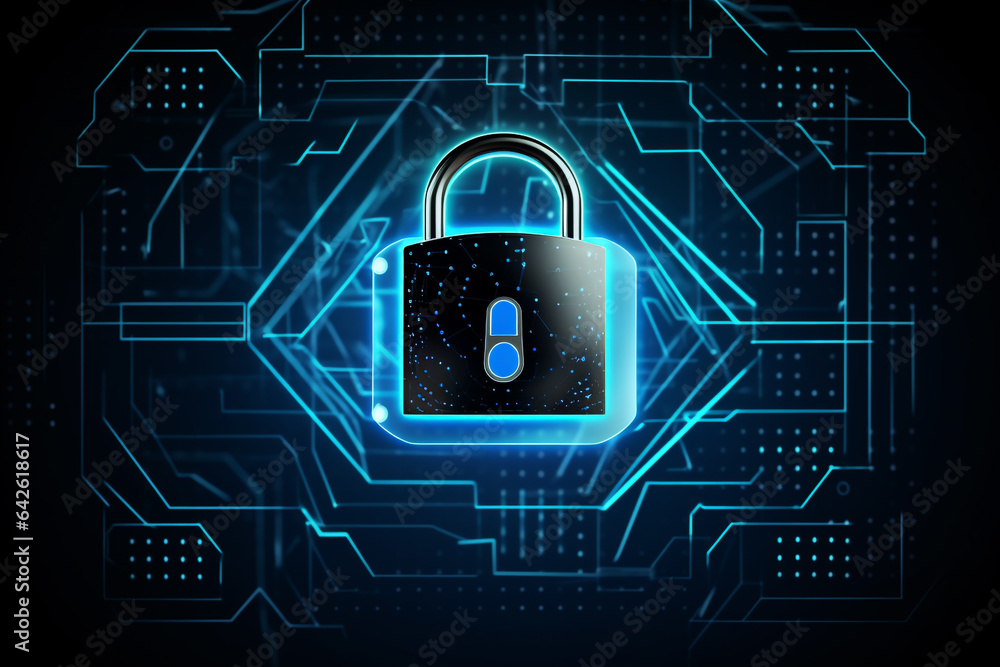 Poster cyber security concept. lock symbol from lines and triangles, point connecting network on blue backg