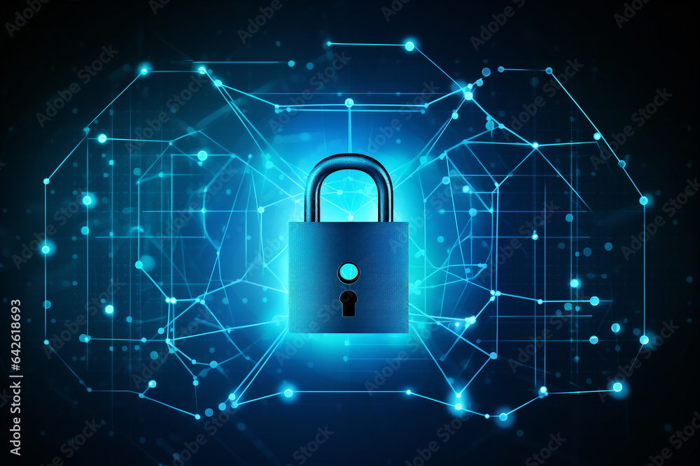 Poster cyber security concept. lock symbol from lines and triangles, point connecting network on blue backg