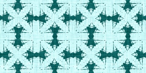 Teal green white vibrant watercolor batik azulejos tile border banner background. Seamless aqua coastal blur linen effect geometric mosaic effect.Boho Patchwork nautical masculine summer ribbon trim. 