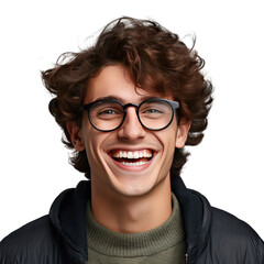 Photo of a joyful young man with glasses on a transparent background