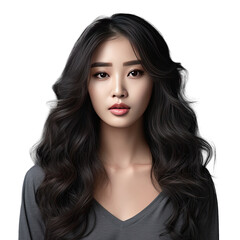 Naklejka premium Young Asian woman with long curly hair and Korean makeup on a transparent background displaying beauty and flawless skin