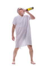 Old mad alcoholic man isolated on white