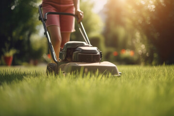 Professional landscaper using a lawnmower to cut the grass on a sunny day, creating a beautiful greenery. AI Generative.