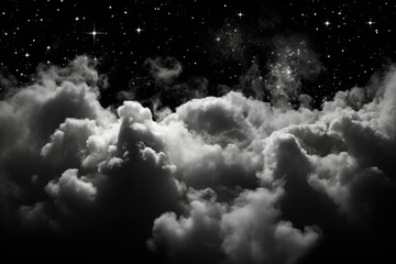 A black and white photo of clouds and stars. Generative AI image.