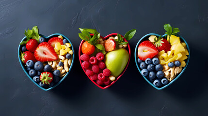 Heart shaped bowls of fruit on a dark background.  Top down view of three fruit bowls. 