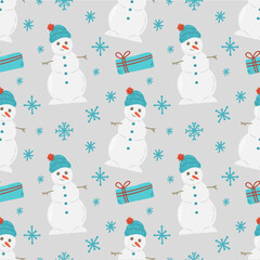Winter seamless pattern with snowman, present and snowflakes. Vector illustration.