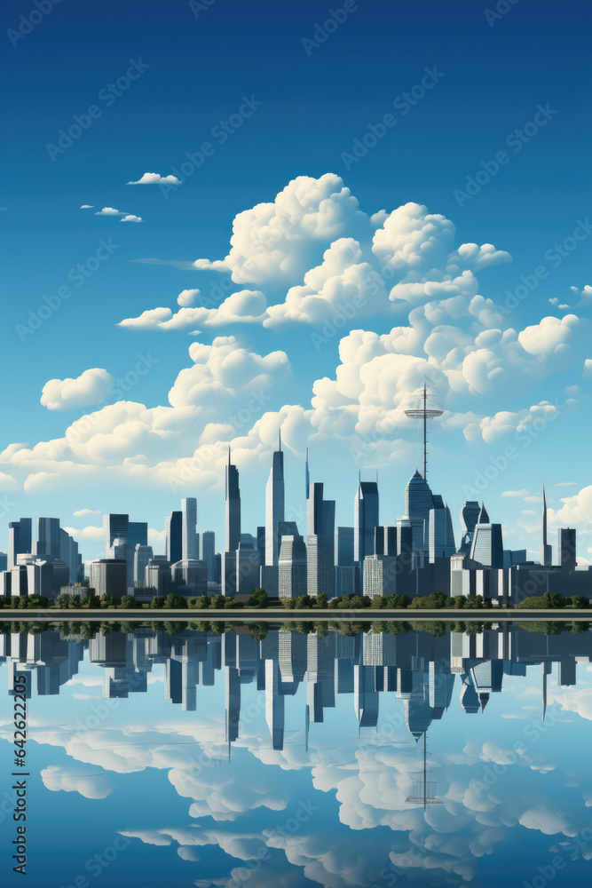 Poster a view of a city with a lake in the foreground. generative ai image.