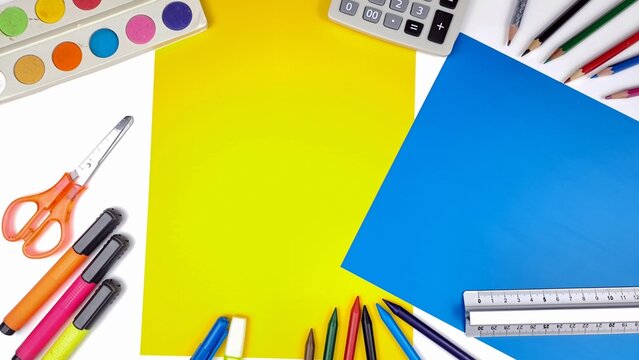 Back to school concept. School stationery creative composition. View from above.