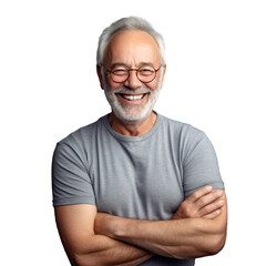 Obraz premium Happy elderly Caucasian senior with crossed arms transparent background A portrait symbolizing health freedom and relaxation in retirement Golden age healthcare and cheerful lifestyle