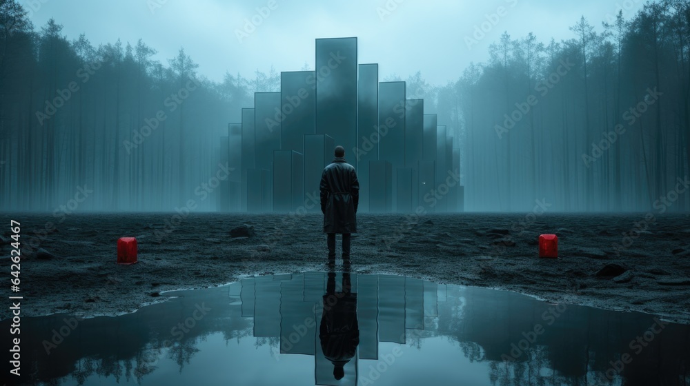 Poster a man standing in the middle of a puddle of water. generative ai image.