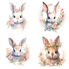 Cute watercolor illustration with easter bunny. realistic drawing of a rabbit with spring flowers. symbol of Easter, spring. cute drawing for kids. decoration for postcards, clipart