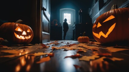Halloween vibes with creepy jack-o-lanterns and spooky houses. Great for social media posts and advertisements during the Halloween season..
