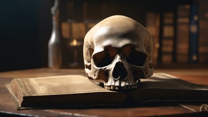 Explore the macabre: skull on aged book in a library. Great for horror literature and occult-themed publications, captivating readers with a sense of dread..