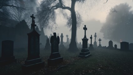Discover the chilling atmosphere of a scary cemetery shrouded in mist. Great for ghost tours and paranormal investigations, offering a supernatural experience..