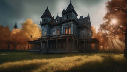 Terrifying haunted house, perfect for Halloween promotions and horror-themed events, setting a spine-chilling ambiance..