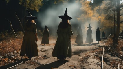 Spooky witch gathering in the forest. Perfect for Halloween promotions and witchcraft-themed events, conjuring an eerie atmosphere..