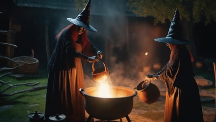 Mysterious witches concocting spells over their cauldron. Perfect for Halloween decorations and witchcraft-themed events, brewing magic..