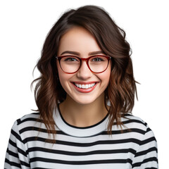 Obraz premium Photograph of attractive young woman wearing striped shirt and glasses smiling on transparent background