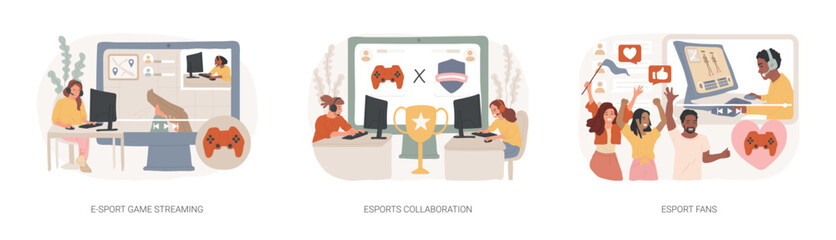 Video game show isolated concept vector illustration set. E-sport game streaming, eSports collaboration, fan club and community, computer game, champion league, global entertainment vector concept.