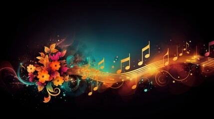 Decorative background of melody with musical notes and flowers. 