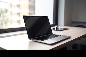 a laptop sitting on a desk in front of a window, with the screen partially open to reveal an image