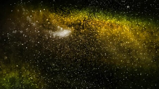 Green and Yellow Trippy Lights Particle Rain 4K Loop features particles flowing with green and yellow lights animating in a psychedelic motion through the scene in a loop.