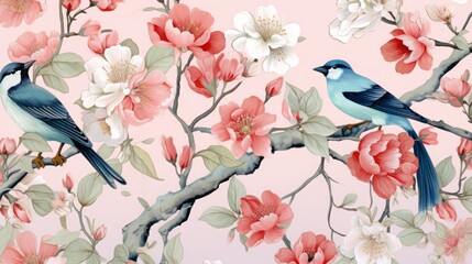 Chinoiserie pattern, flowers and birds, background 16:9
