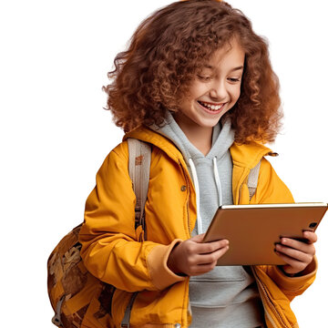 Smiling teenager using tablet in yellow studio banner